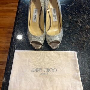 Jimmy Choo 247 Luna Glitter Fabric Champagne Pumps size 37
